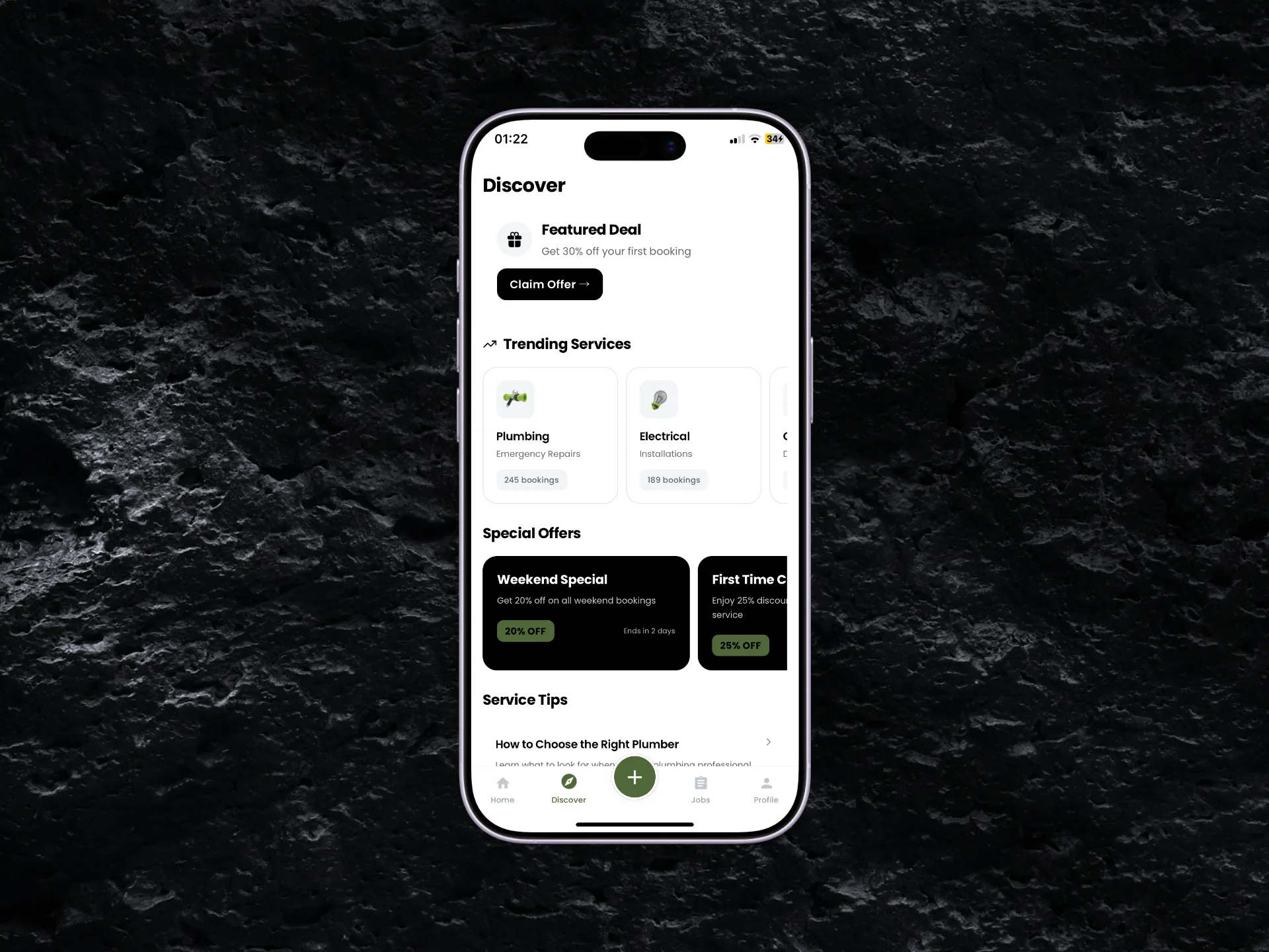 Discover tab: map view, trending services, and local offers.
