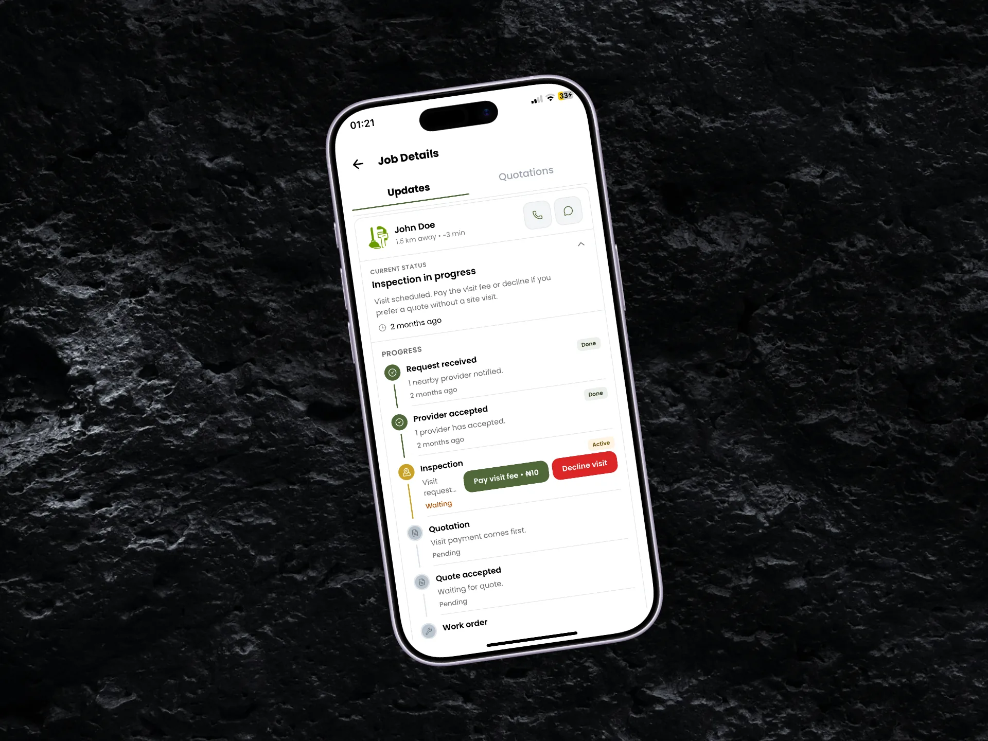Job request: title, description, and location in the booking funnel.