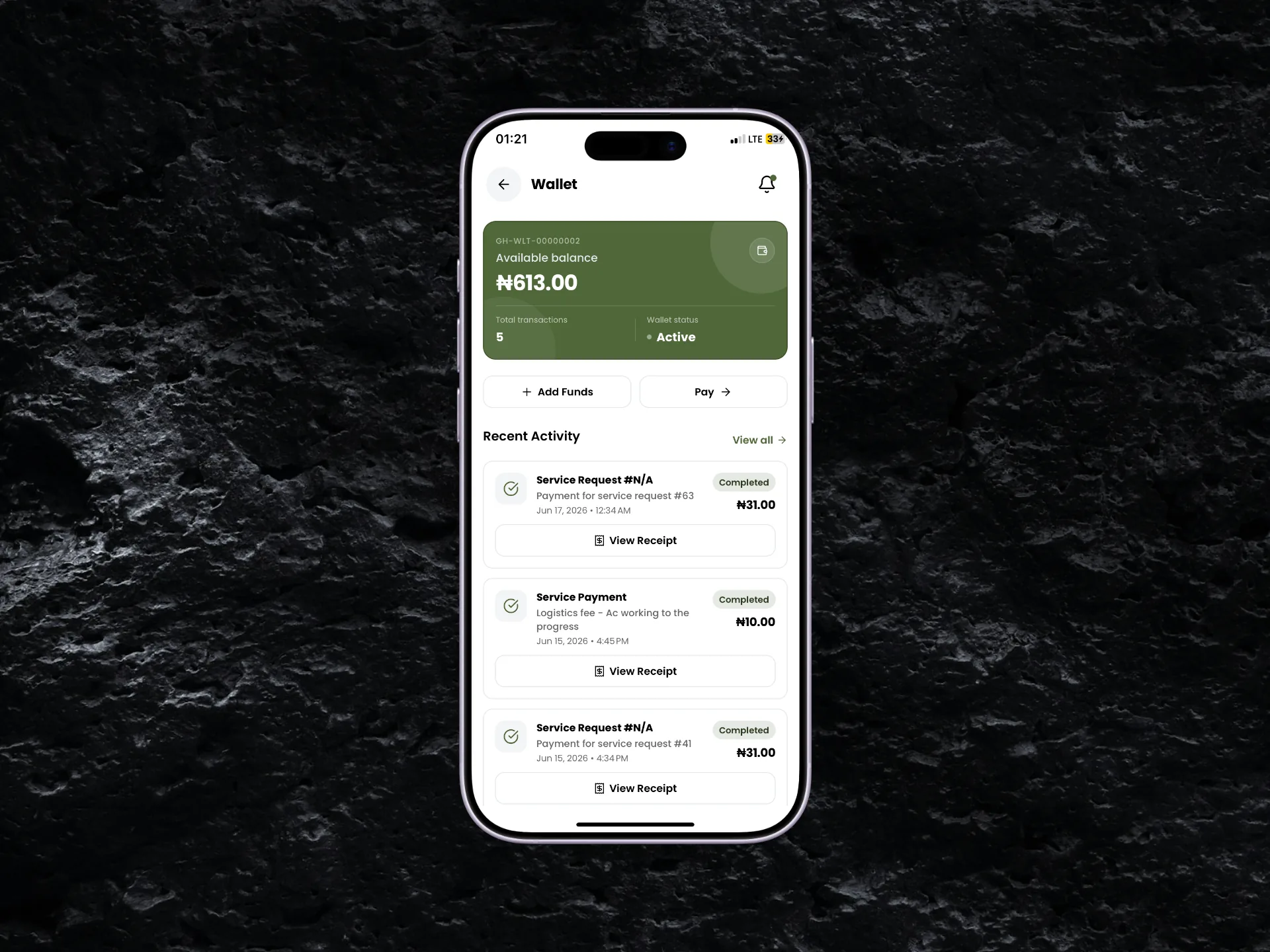 In-app wallet: NGN balance, recent transactions, and Korapay top-up entry.