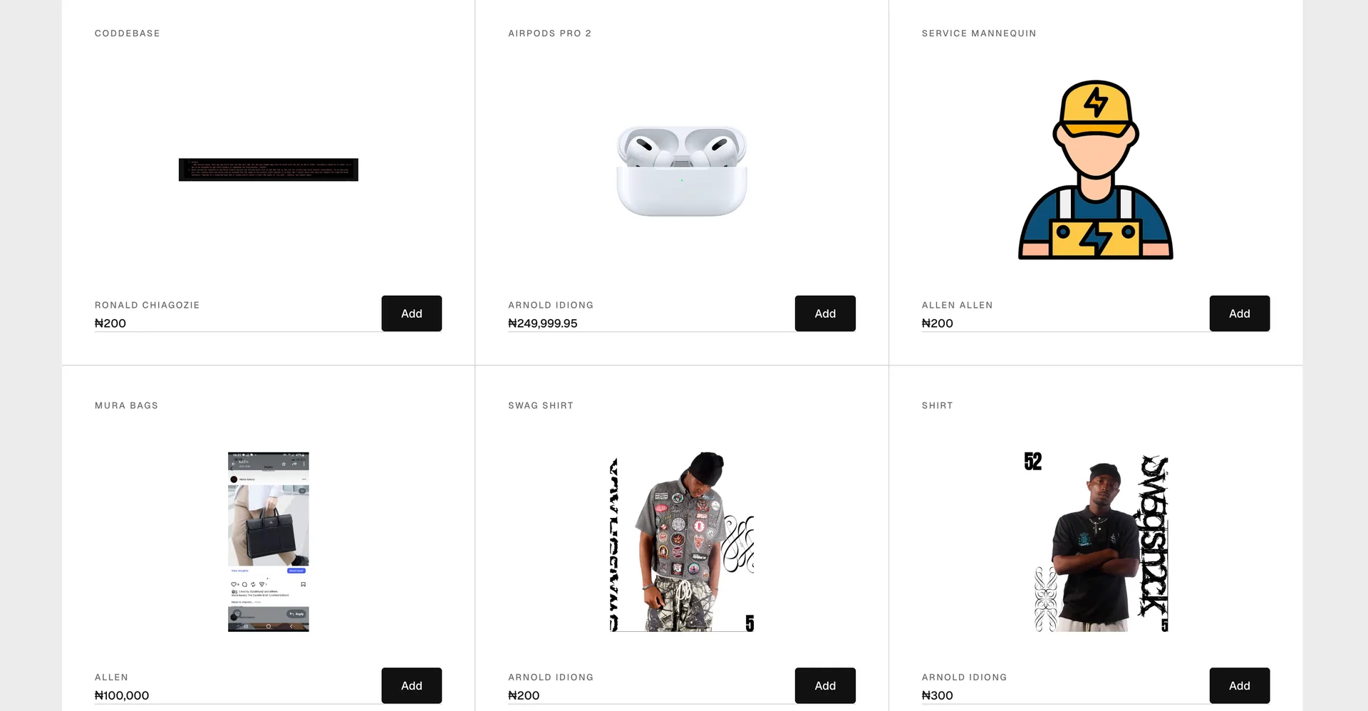 Product catalog: seller names, pricing in naira, and one-tap add to cart.