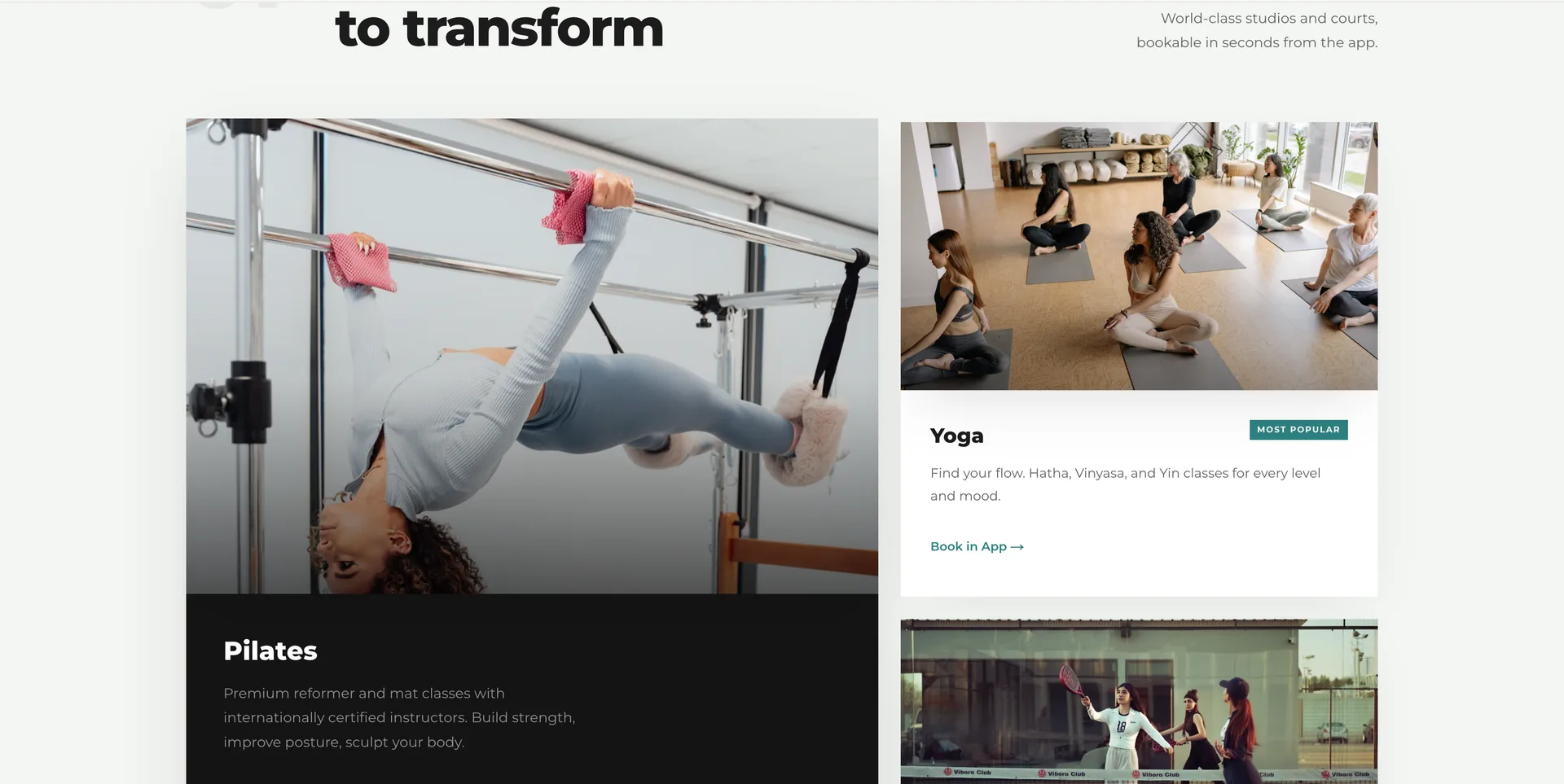 Disciplines bento grid for Pilates, Yoga, and Padel with in-app booking CTAs.