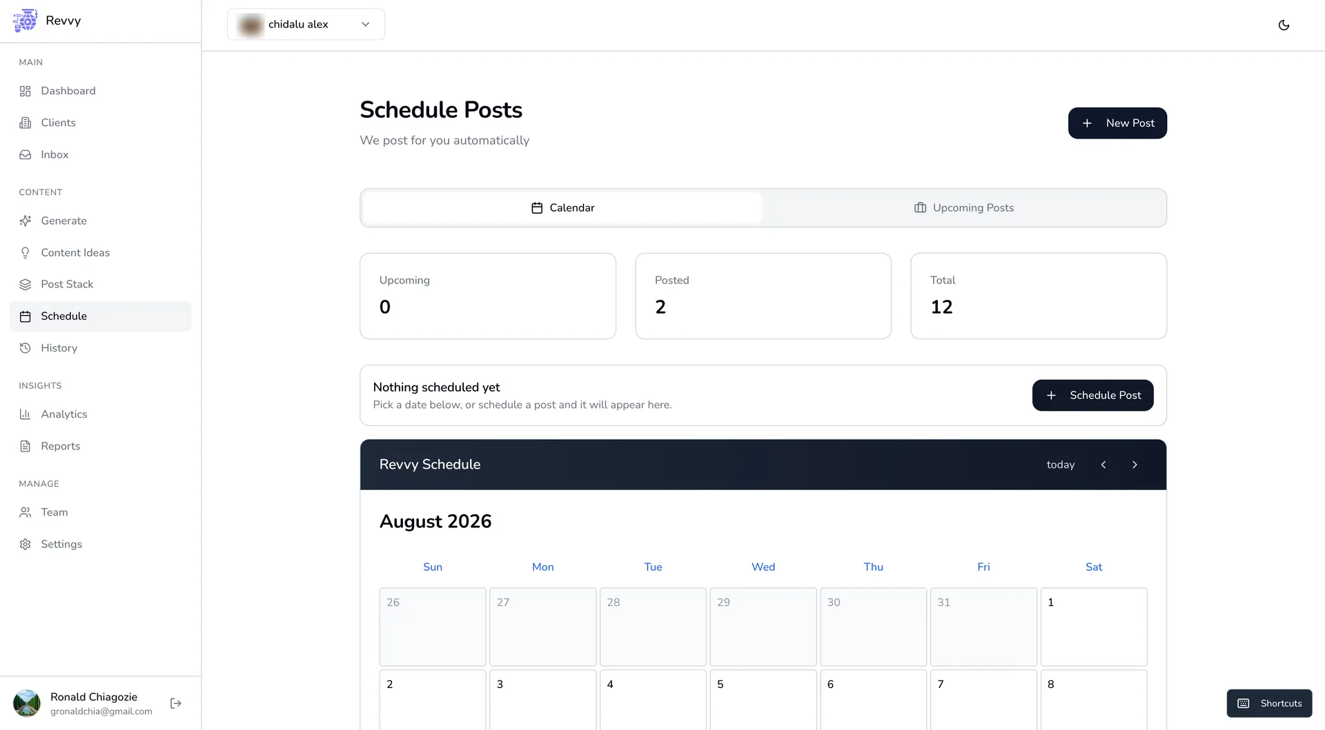 Scheduling: upcoming, posted, and total counts above a month grid for queuing posts.